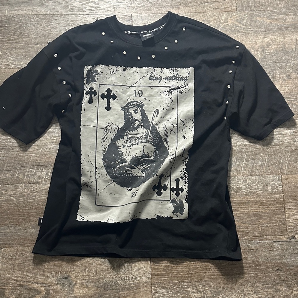 Graphic Black Tee with Diamond Studs
